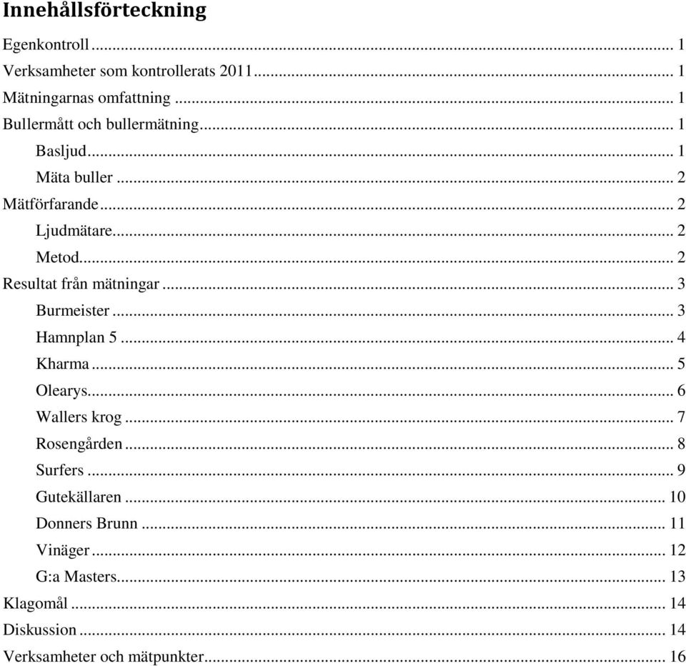 .. 2 Resultat från mätningar... 3 Burmeister... 3 Hamnplan 5... 4 Kharma... 5 Olearys... 6 Wallers krog... 7 Rosengården.