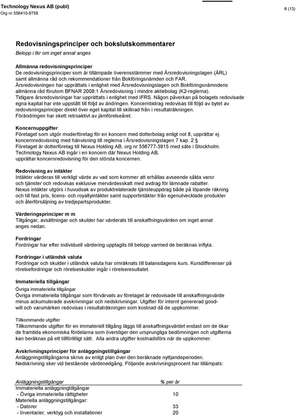 Årsredovisningen har upprättats i enlighet med Årsredovisningslagen och Bokföringsnämndens allmänna råd förutom BFNAR 2008:1 Årsredovisning i mindre aktiebolag (K2-reglerna).