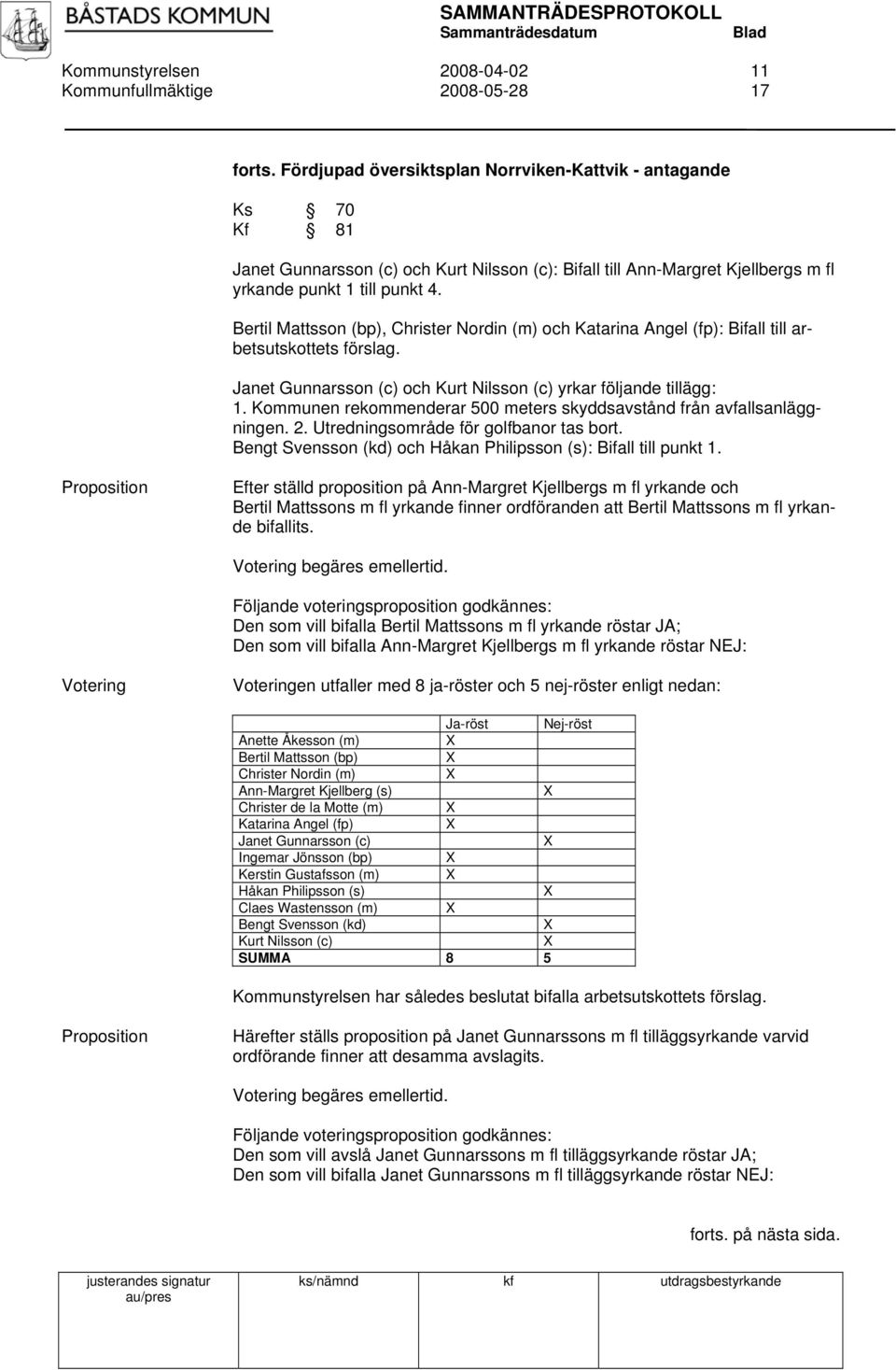 Bertil Mattsson (bp), Christer Nordin (m) och Katarina Angel (fp): Bifall till arbetsutskottets förslag. Janet Gunnarsson (c) och Kurt Nilsson (c) yrkar följande tillägg: 1.