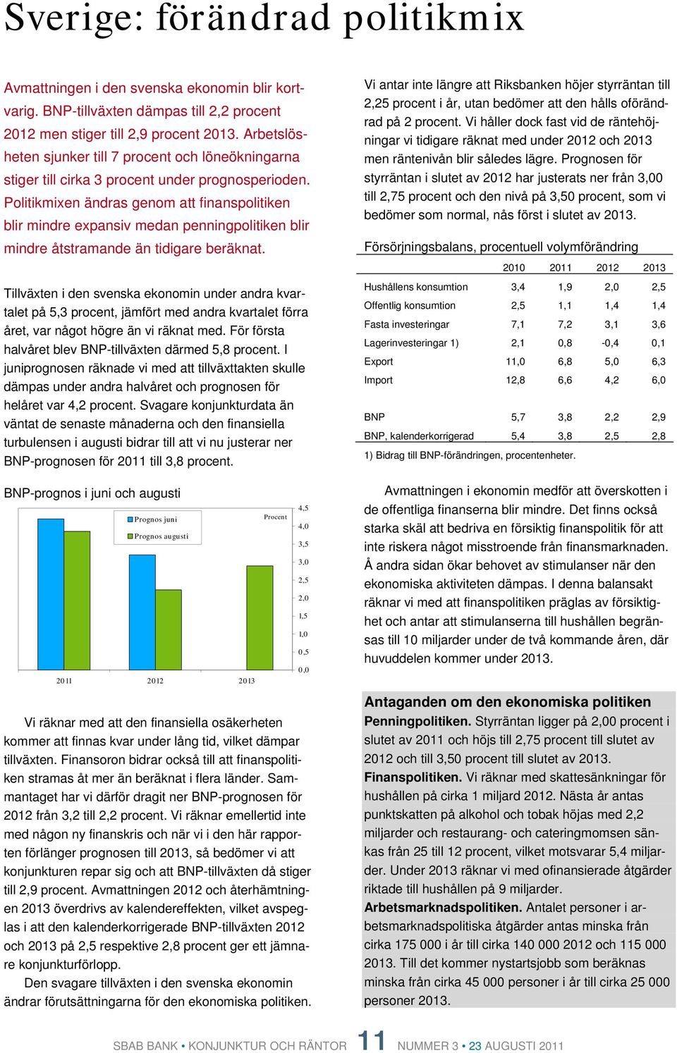 Politikmixen ändras genom att finanspolitiken blir mindre expansiv medan penningpolitiken blir mindre åtstramande än tidigare beräknat.