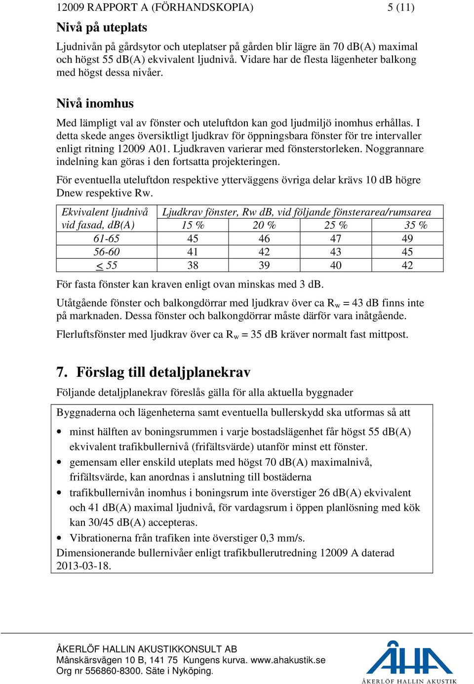 I detta skede anges översiktligt ljudkrav för öppningsbara fönster för tre intervaller enligt ritning 12009 A01. Ljudkraven varierar med fönsterstorleken.