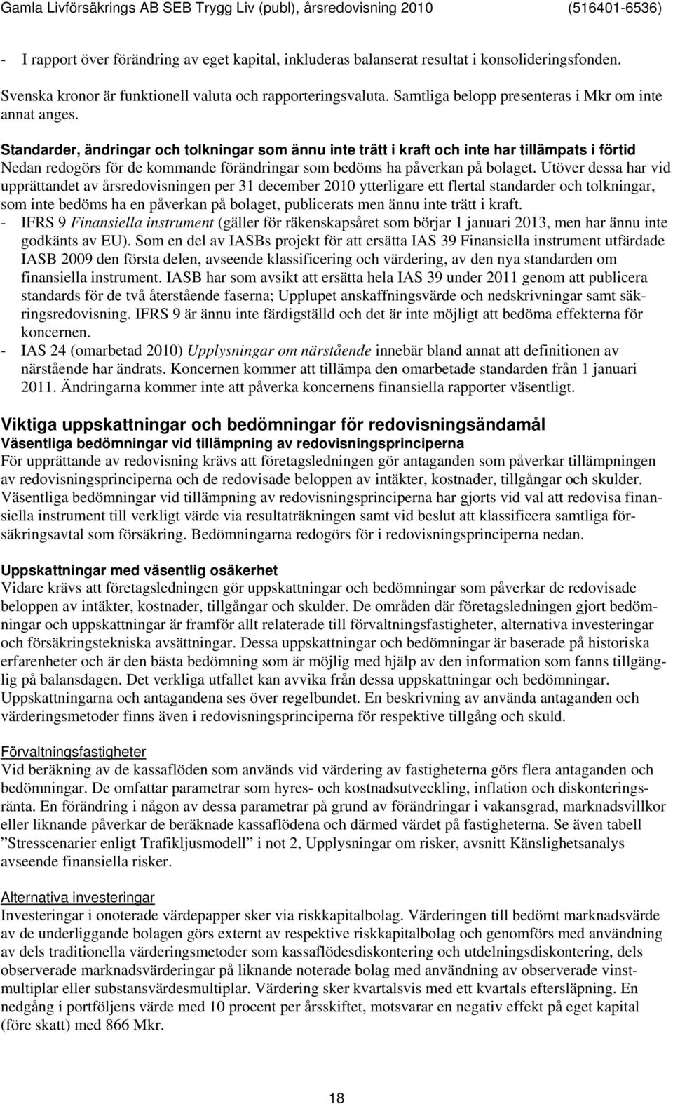 Standarder, ändringar och tolkningar som ännu inte trätt i kraft och inte har tillämpats i förtid Nedan redogörs för de kommande förändringar som bedöms ha påverkan på bolaget.