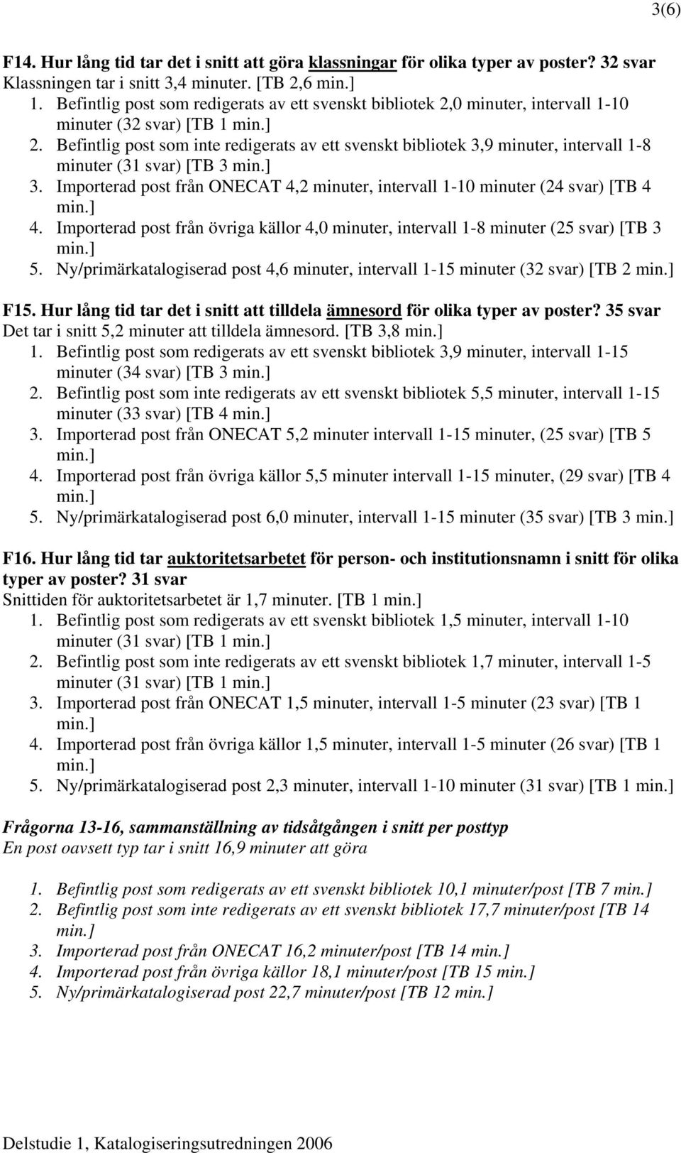 Befintlig post som inte redigerats av ett svenskt bibliotek 3,9 minuter, intervall 1-8 minuter (31 svar) [TB 3 3. Importerad post från ONECAT 4,2 minuter, intervall 1-10 minuter (24 svar) [TB 4 4.