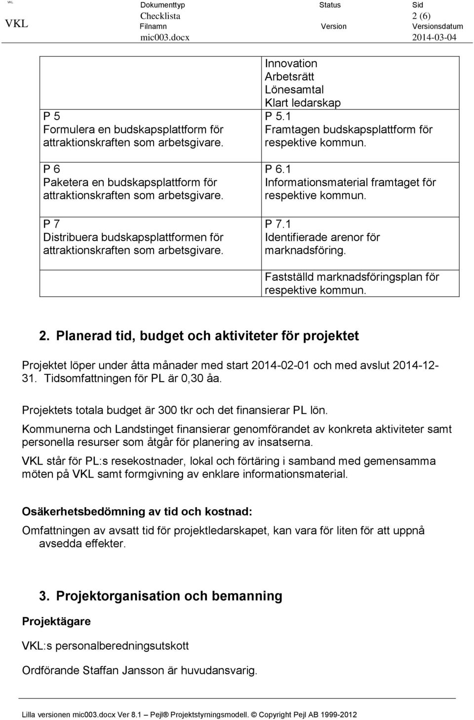 Innovation Arbetsrätt Lönesamtal Klart ledarskap P 5.1 Framtagen budskapsplattform för respektive kommun. P 6.1 Informationsmaterial framtaget för respektive kommun. P 7.
