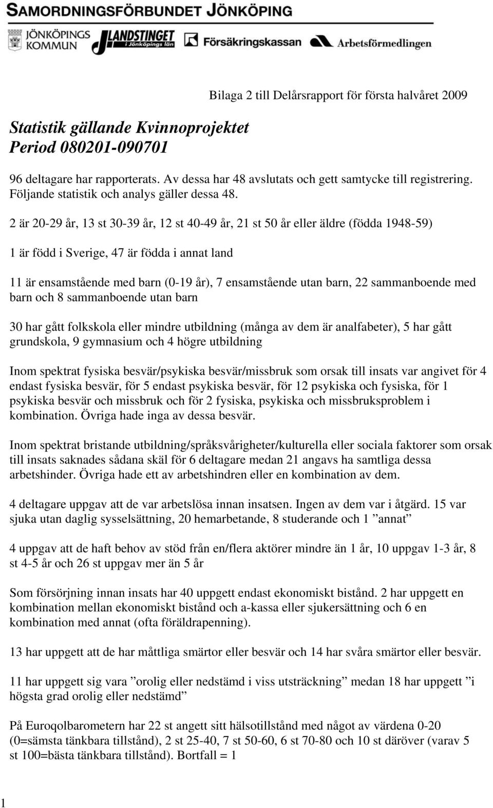 2 är 20-29 år, 13 st 30-39 år, 12 st 40-49 år, 21 st 50 år eller äldre (födda 1948-59) 1 är född i Sverige, 47 är födda i annat land 11 är ensamstående med barn (0-19 år), 7 ensamstående utan barn,