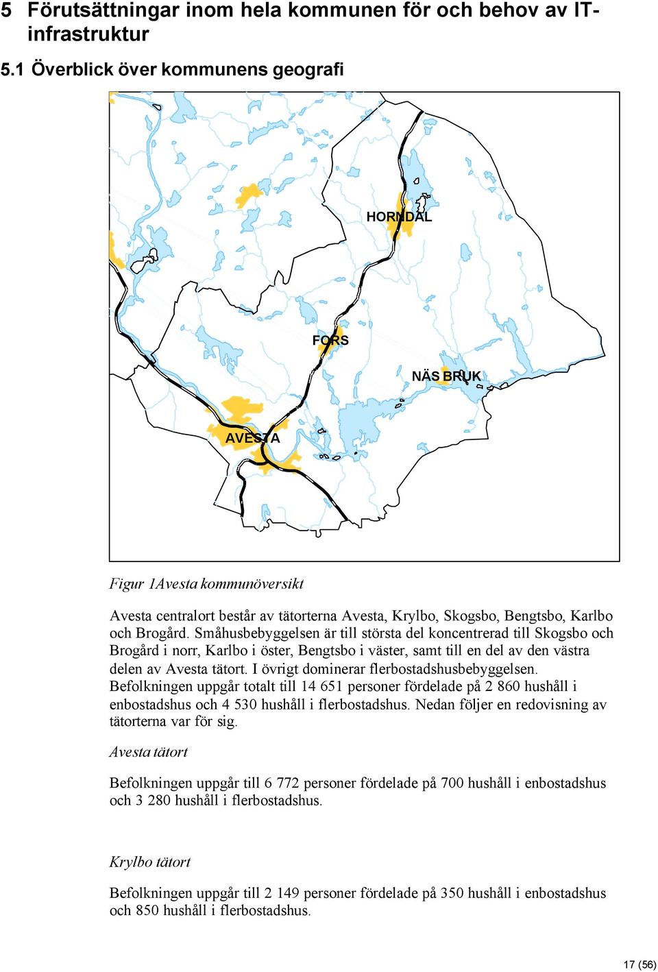 Småhusbebyggelsen är till största del koncentrerad till Skogsbo och Brogård i norr, Karlbo i öster, Bengtsbo i väster, samt till en del av den västra delen av Avesta tätort.