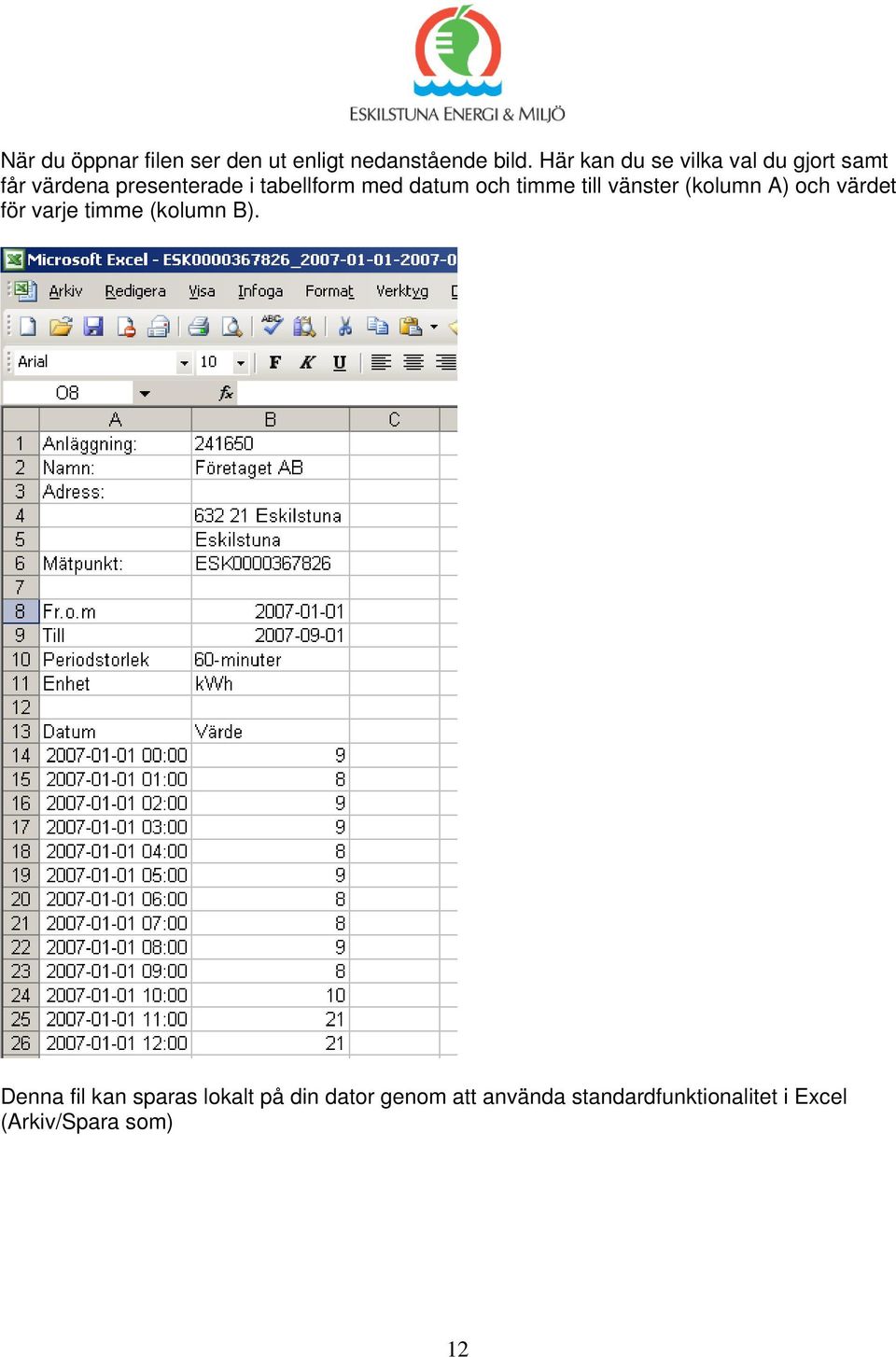 datum och timme till vänster (kolumn A) och värdet för varje timme (kolumn B).