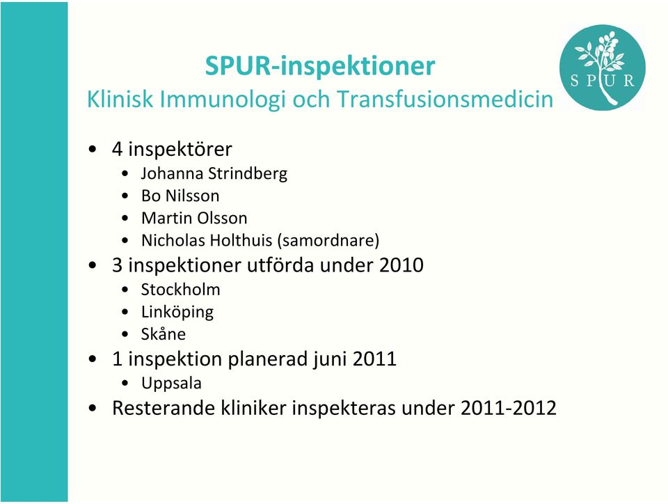 3 inspektioner utförda under 2010 Stockholm Linköping Skåne 1 inspektion