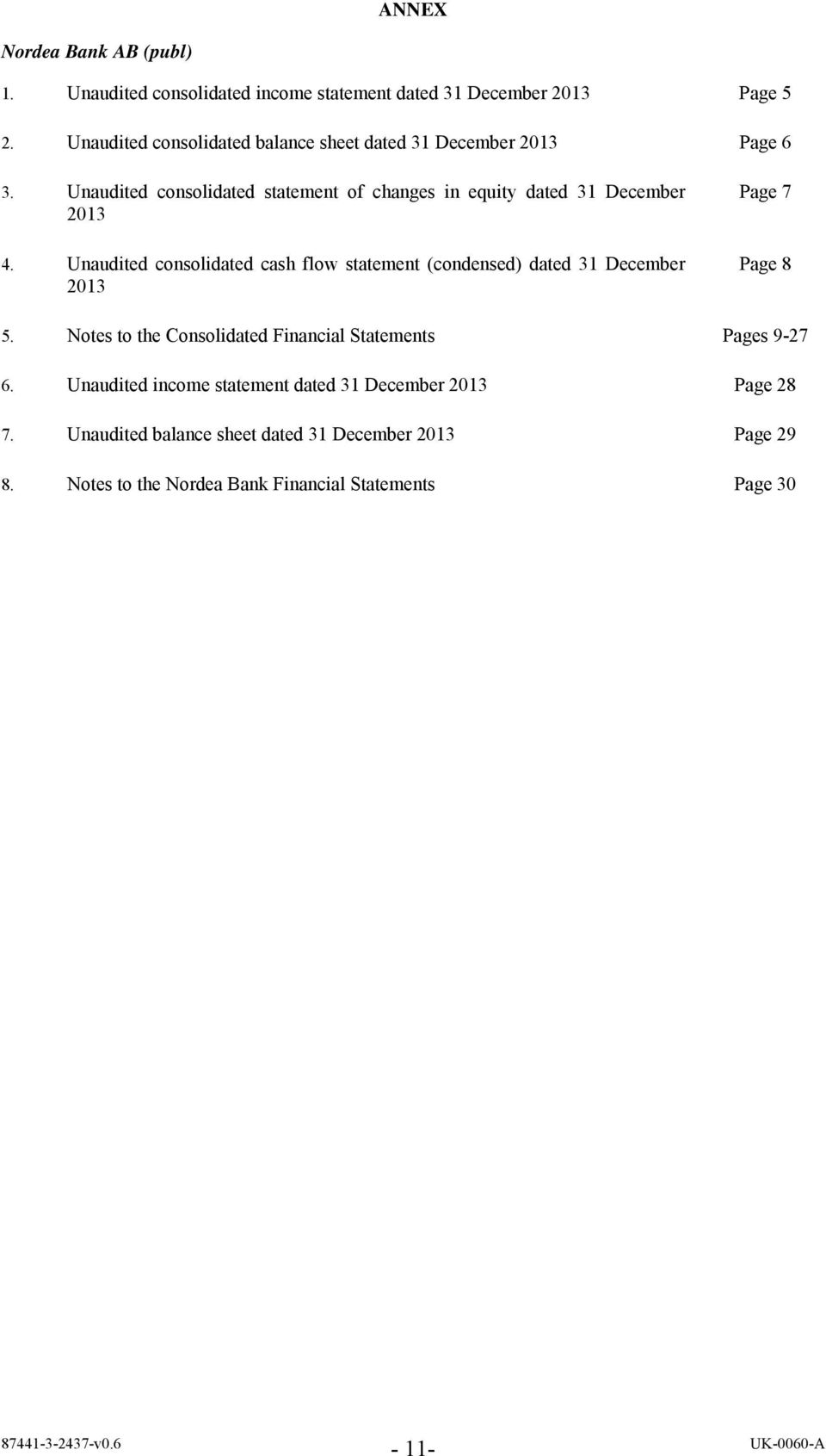 Unaudited consolidated statement of changes in equity dated 31 December 2013 4.