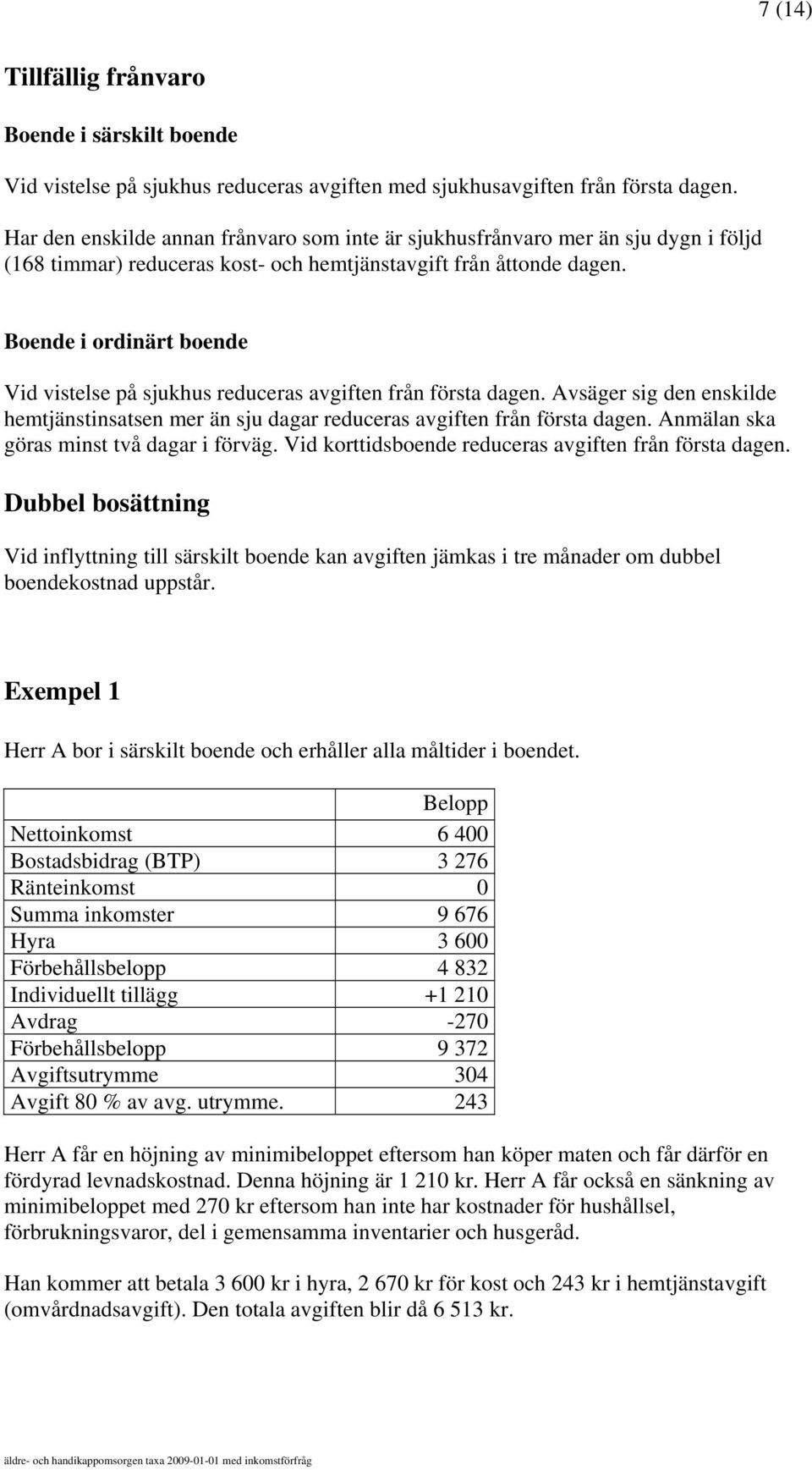 Boende i ordinärt boende Vid vistelse på sjukhus reduceras avgiften från första dagen. Avsäger sig den enskilde hemtjänstinsatsen mer än sju dagar reduceras avgiften från första dagen.