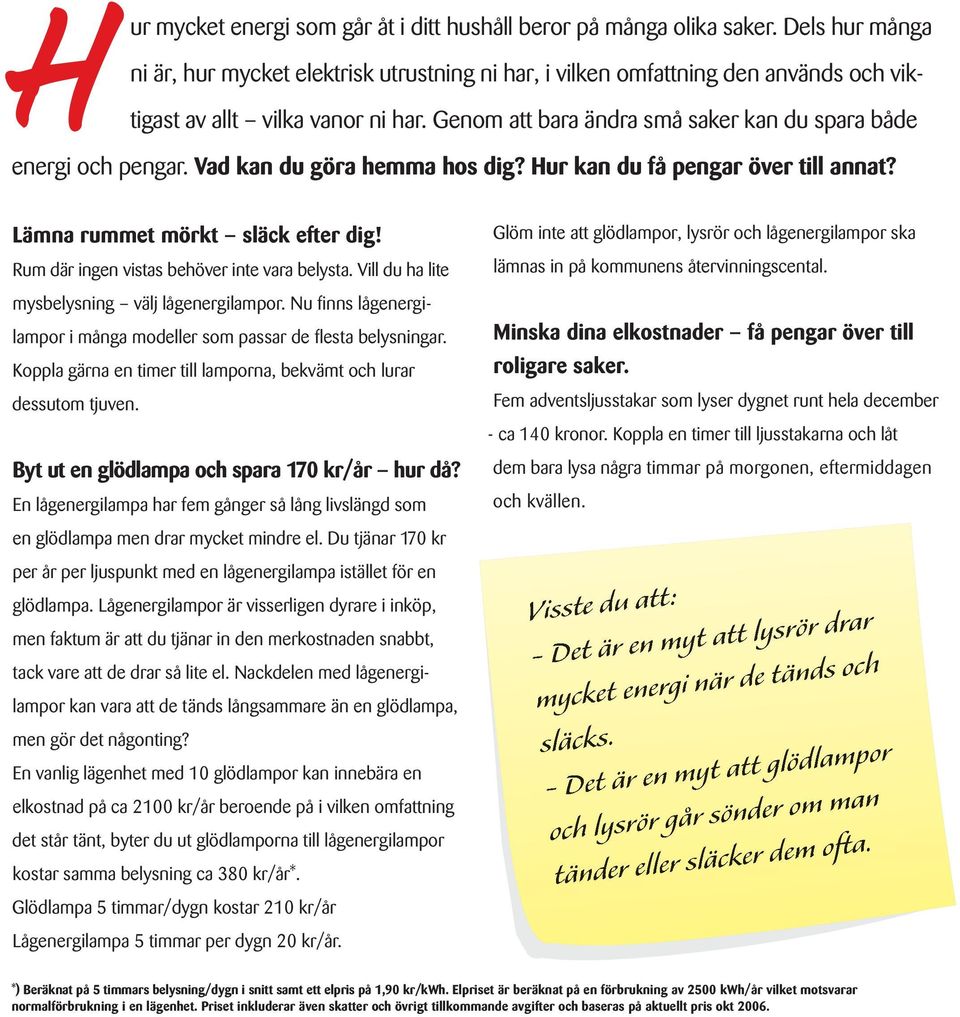 Genom att bara ändra små saker kan du spara både energi och pengar. Vad kan du göra hemma hos dig? Hur kan du få pengar över till annat? Lämna rummet mörkt släck efter dig!