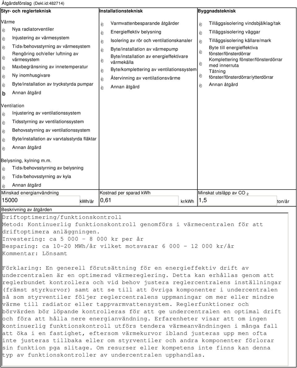 värmesystem Maxbegränsning av innetemperatur Ny inomhusgivare Byte/installation av tryckstyrda pumpar Varmvattenbesparande åtgärder Energieffektiv belysning Isolering av rör och ventilationskanaler