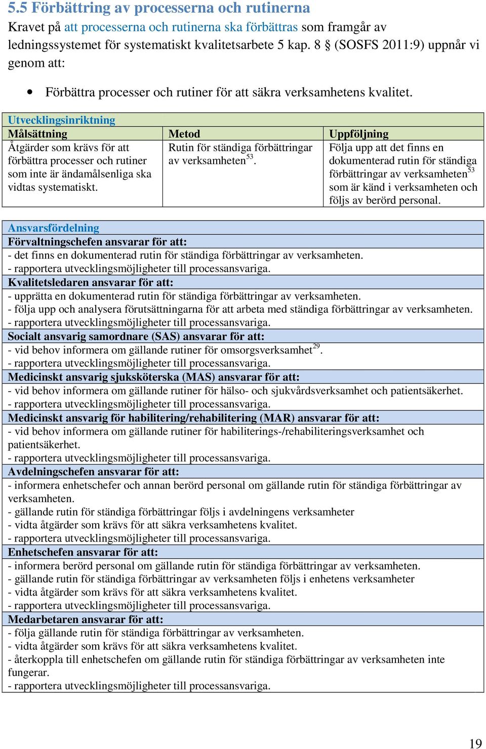 Utvecklingsinriktning Åtgärder som krävs för att förbättra processer och rutiner som inte är ändamålsenliga ska vidtas systematiskt. Rutin för ständiga förbättringar av verksamheten 53.