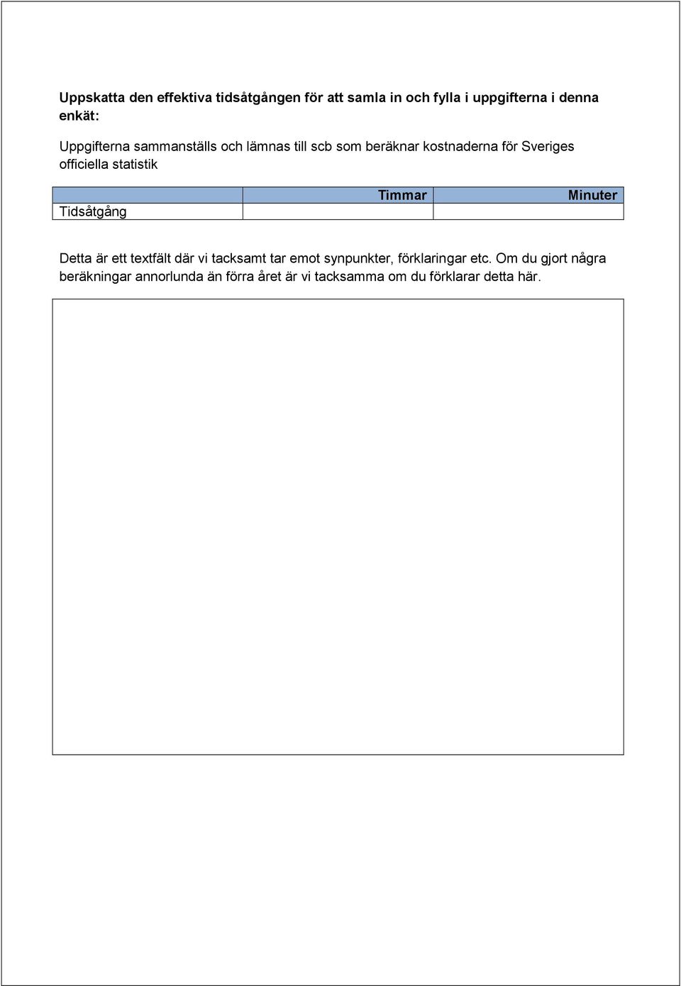 statistik Tidsåtgång Timmar Minuter Detta är ett textfält där vi tacksamt tar emot synpunkter,