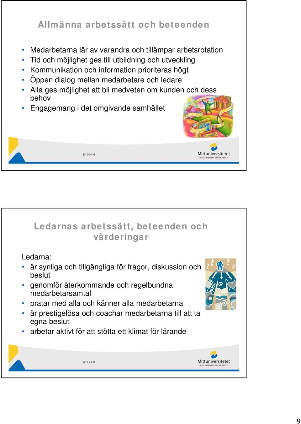 Ledarnas arbetssätt, beteenden och värderingar Ledarna: är synliga och tillgängliga li för frågor, diskussion i och beslut genomför återkommande och regelbundna