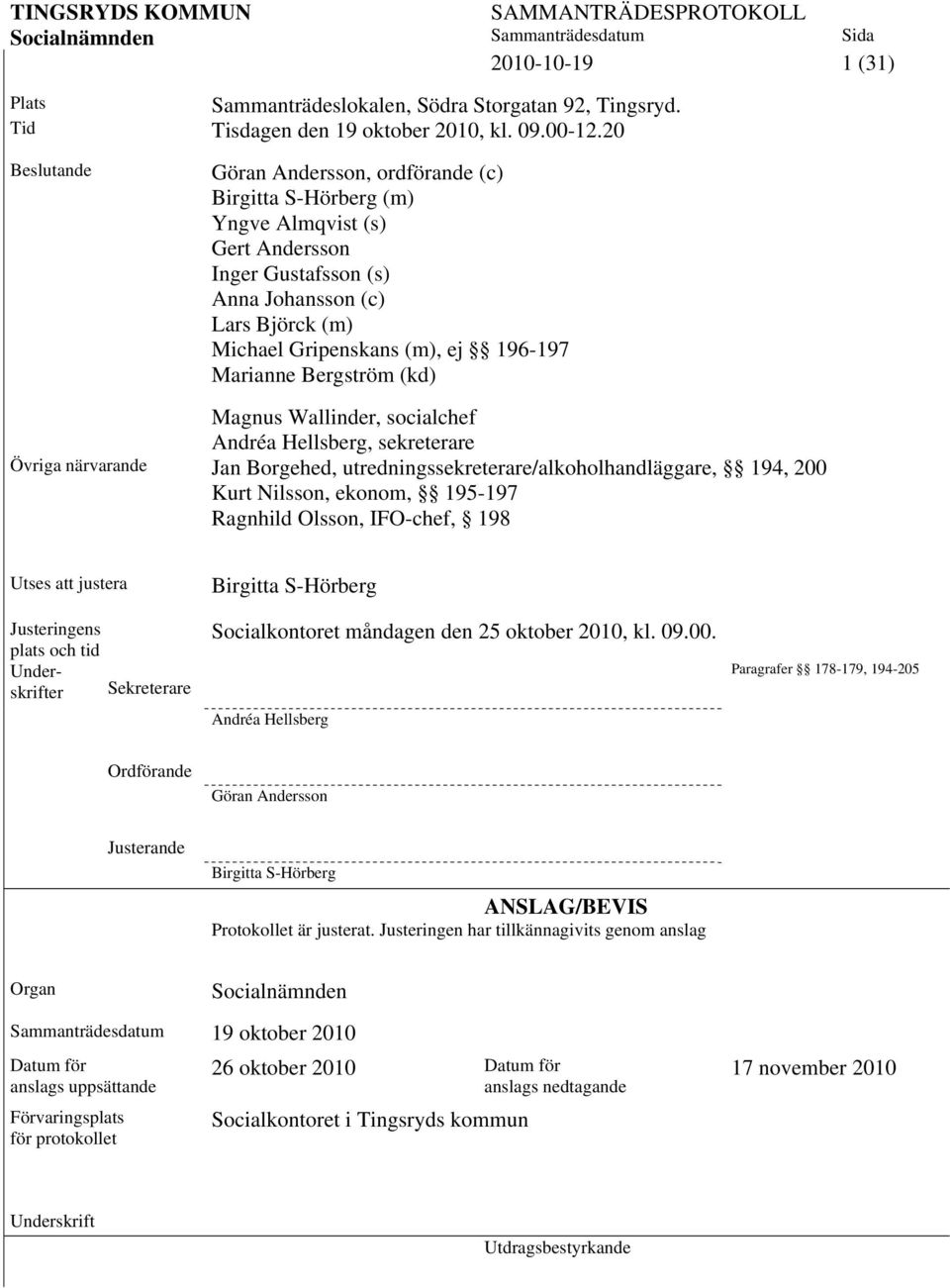 Marianne Bergström (kd) Magnus Wallinder, socialchef Andréa Hellsberg, sekreterare Övriga närvarande Jan Borgehed, utredningssekreterare/alkoholhandläggare, 194, 200 Kurt Nilsson, ekonom, 195-197