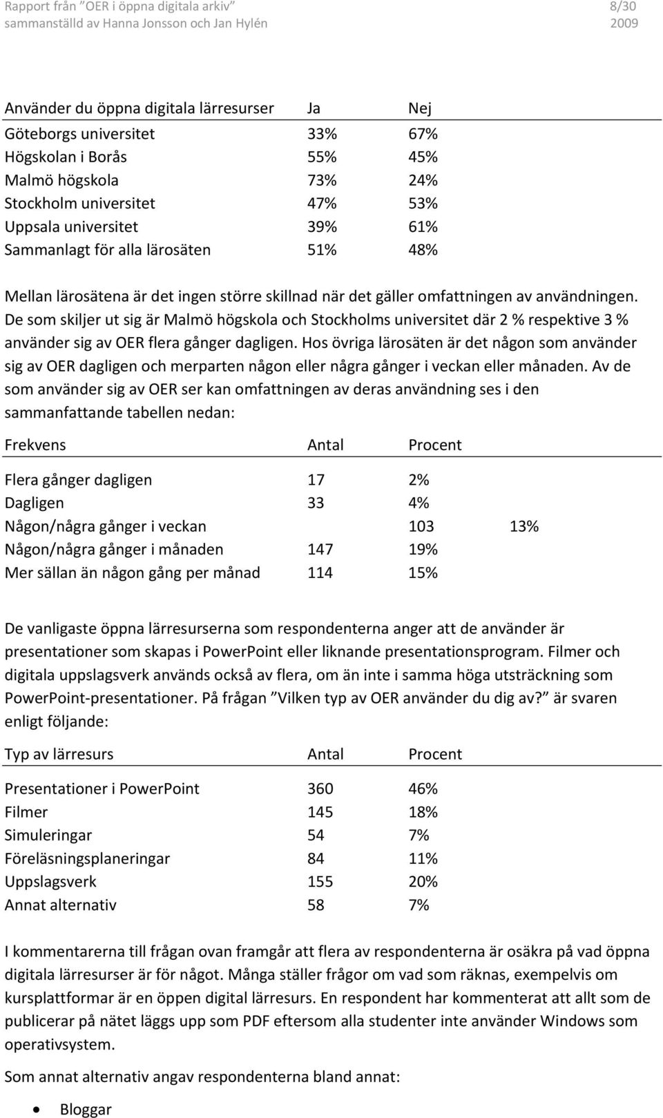 De som skiljer ut sig är Malmö högskola och Stockholms universitet där 2 % respektive 3 % använder sig av OER flera gånger dagligen.