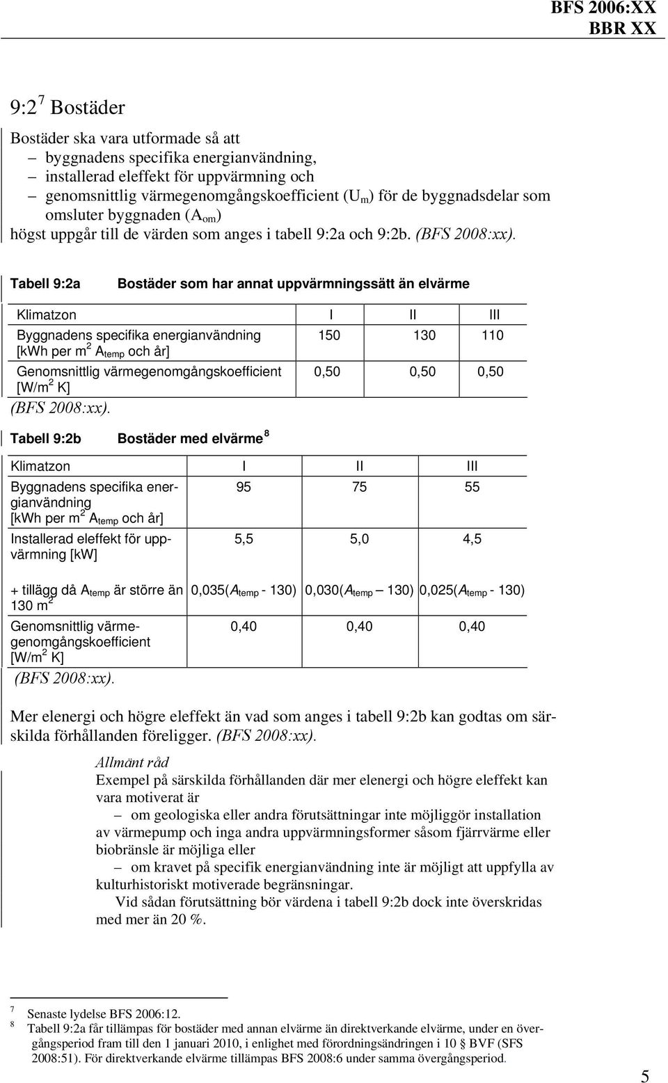 Tabell 9:2a Bostäder som har annat uppvärmningssätt än elvärme Klimatzon I II III Byggnadens specifika energianvändning 150 130 110 [kwh per m 2 A temp och år] Genomsnittlig