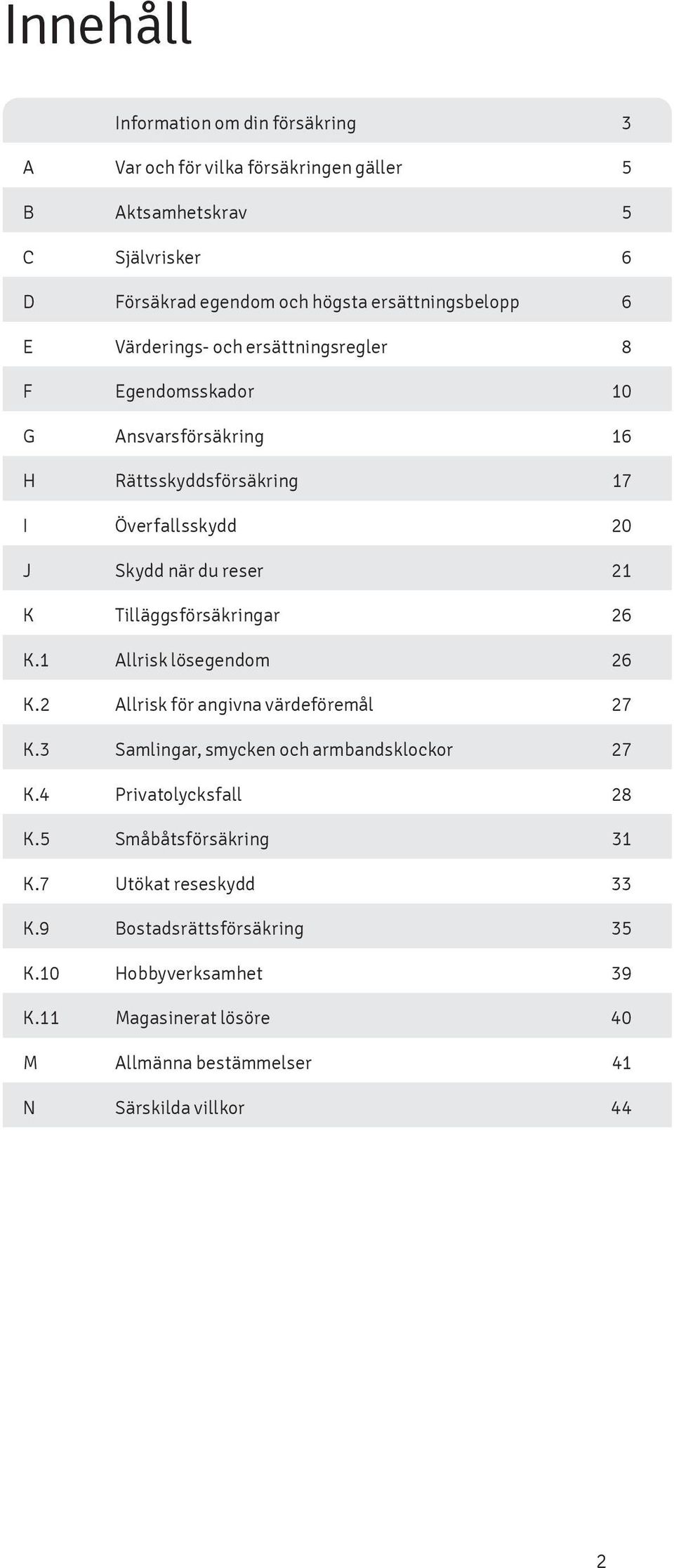 Tilläggsförsäkringar 26 K.1 Allrisk lösegendom 26 K.2 Allrisk för angivna värdeföremål 27 K.3 Samlingar, smycken och armbandsklockor 27 K.4 Privatolycksfall 28 K.