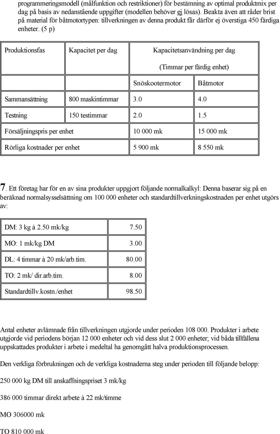 (5 p) Produktionsfas Kapacitet per dag Kapacitetsanvändning per dag (Timmar per färdig enhet) Snöskootermotor Båtmotor Sammansättning 800 maskintimmar 3.0 4.0 Testning 150 testimmar 2.0 1.