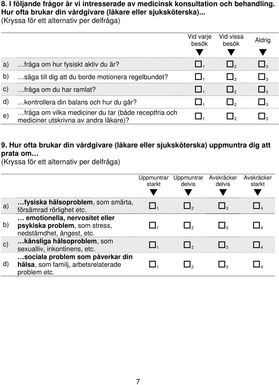 1 2 3 d) kontrollera din balans och hur du går? 1 2 3 e) fråga om vilka mediciner du tar (både receptfria och mediciner utskrivna av andra läkare)? 1 2 3 9.