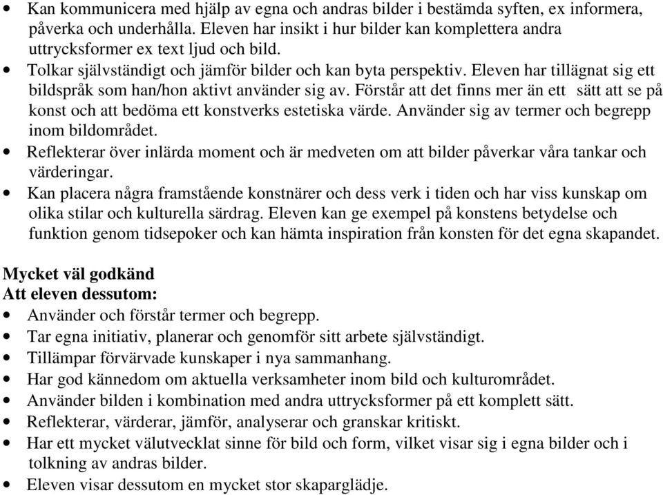 Förstår att det finns mer än ett sätt att se på konst och att bedöma ett konstverks estetiska värde. Använder sig av termer och begrepp inom bildområdet.