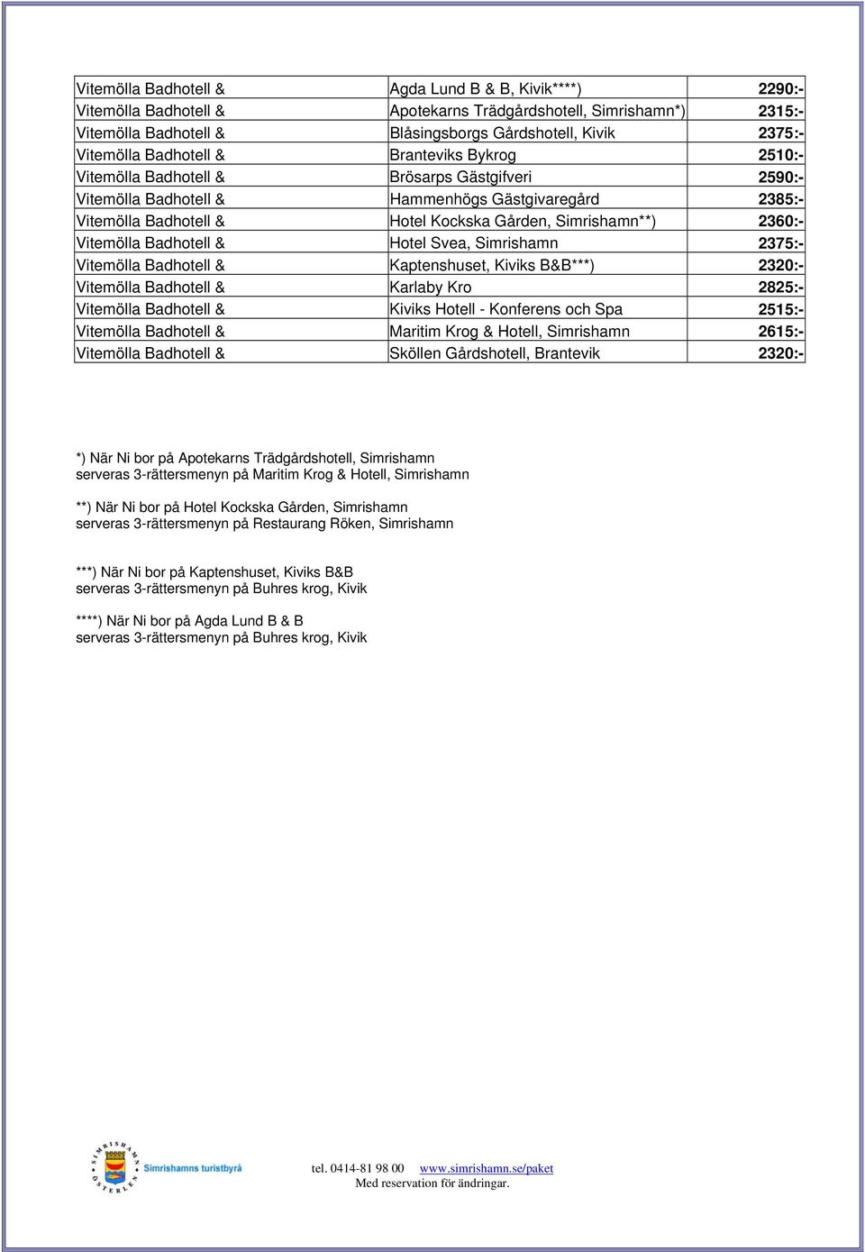 2360:- Vitemölla Badhotell & Hotel Svea, Simrishamn 2375:- Vitemölla Badhotell & Kaptenshuset, Kiviks B&B***) 2320:- Vitemölla Badhotell & Karlaby Kro 2825:- Vitemölla Badhotell & Kiviks Hotell -