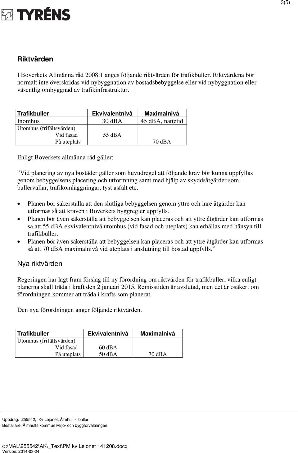 Trafikbuller Ekvivalentnivå Maximalnivå Inomhus 30 45, nattetid Utomhus (frifältsvärden) Vid fasad På uteplats 55 70 Enligt Boverkets allmänna råd gäller: Vid planering av nya bostäder gäller som