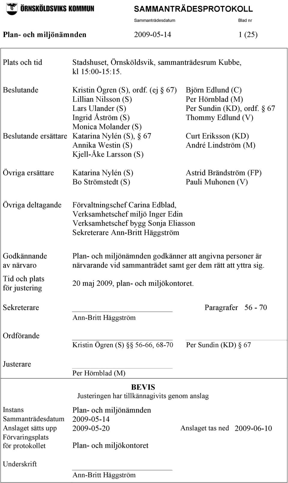 67 Ingrid Åström (S) Thommy Edlund (V) Monica Molander (S) Beslutande ersättare Katarina Nylén (S), 67 Curt Eriksson (KD) Annika Westin (S) André Lindström (M) Kjell-Åke Larsson (S) Övriga ersättare