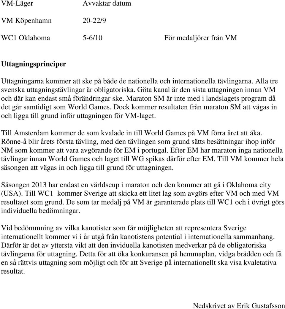 Maraton SM är inte med i landslagets program då det går samtidigt som World Games. Dock kommer resultaten från maraton SM att vägas in och ligga till grund inför uttagningen för VM-laget.