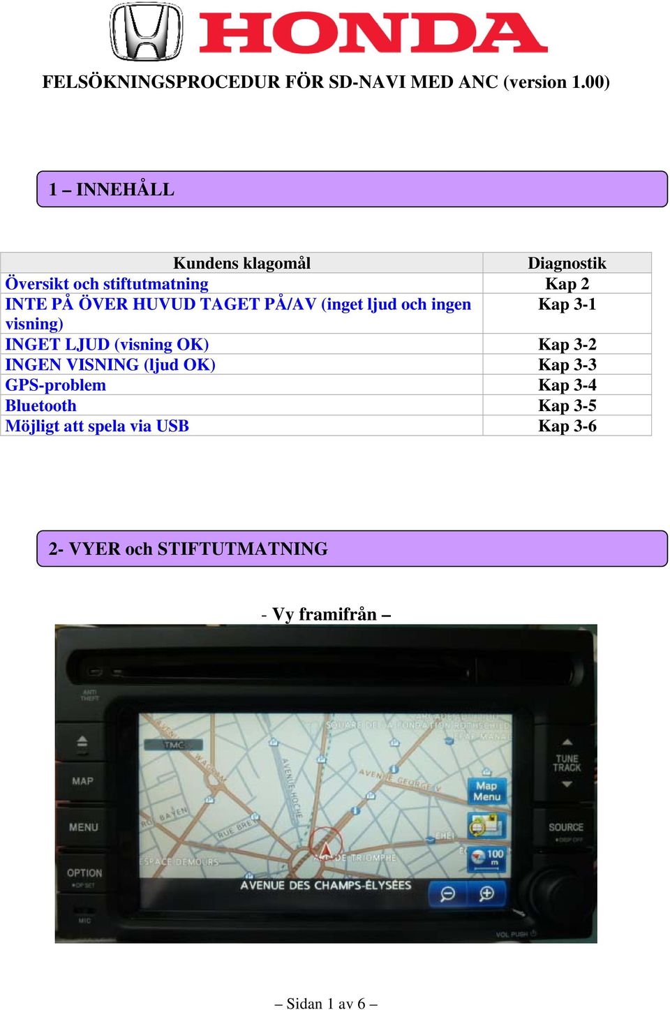 OK) Kap 3-2 INGEN VISNING (ljud OK) Kap 3-3 GPS-problem Kap 3-4 Bluetooth Kap 3-5