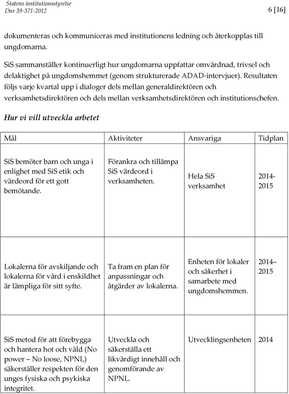 Resultaten följs varje kvartal upp i dialoger dels mellan generaldirektören och verksamhetsdirektören och dels mellan verksamhetsdirektören och institutionschefen.