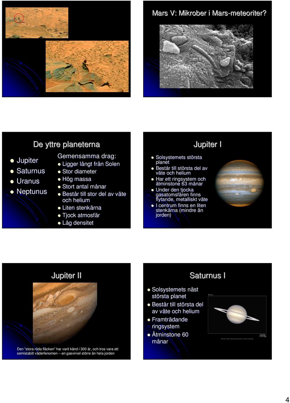 stenkärna Tjock atmosfär Låg g densitet Jupiter I Solsystemets största planet Består r till största del av väte och helium Har ett ringsystem och åtminstone 63 månarm Under den tjocka gasatomsfären