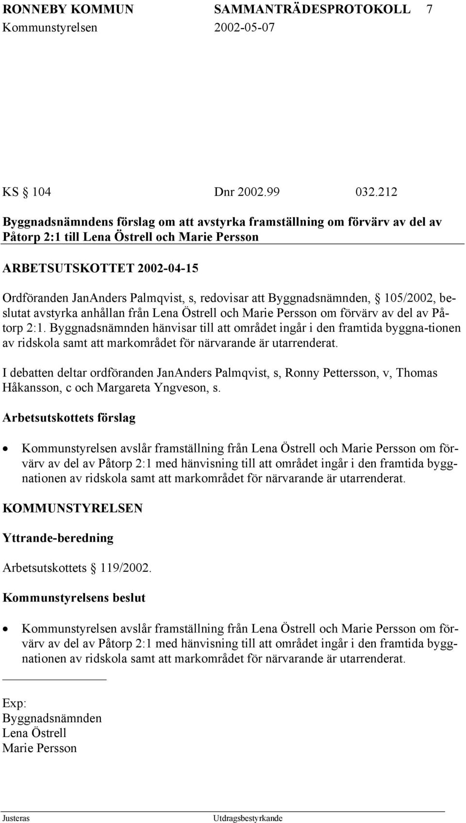 att Byggnadsnämnden, 105/2002, beslutat avstyrka anhållan från Lena Östrell och Marie Persson om förvärv av del av Påtorp 2:1.