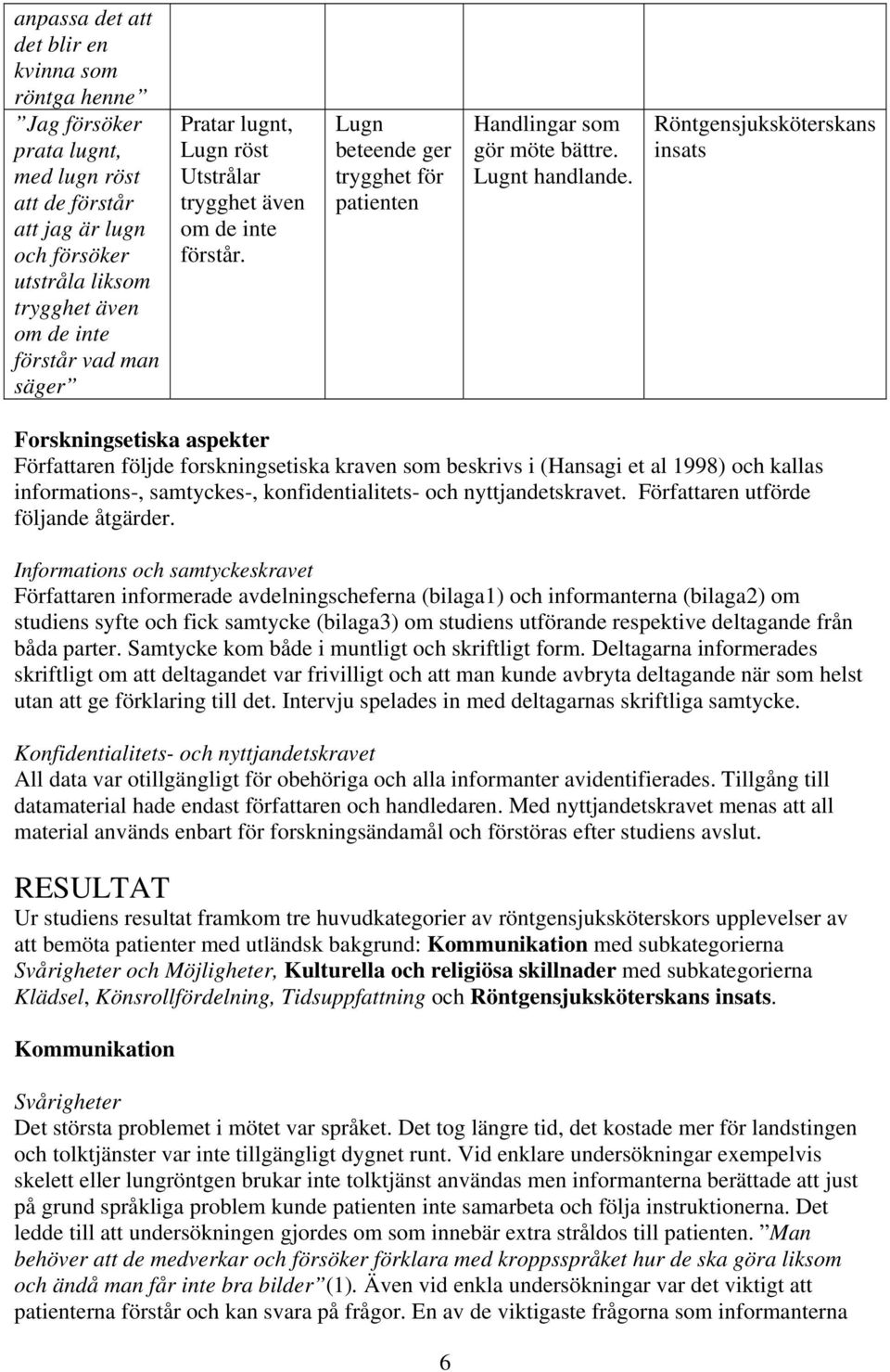 Röntgensjuksköterskans insats Forskningsetiska aspekter Författaren följde forskningsetiska kraven som beskrivs i (Hansagi et al 1998) och kallas informations-, samtyckes-, konfidentialitets- och