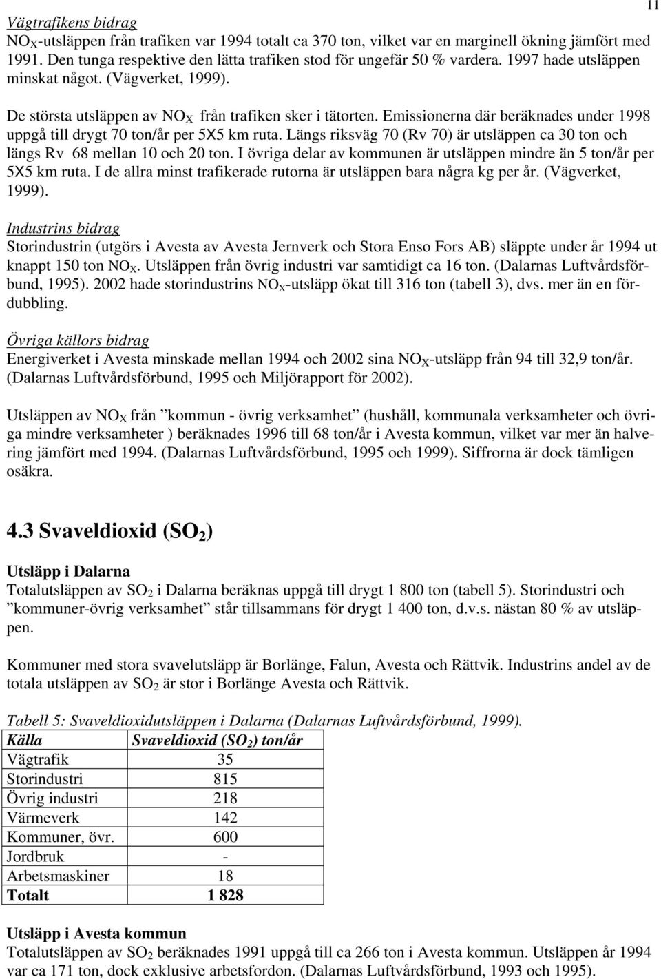Längs riksväg 70 (Rv 70) är utsläppen ca 30 ton och längs Rv 68 mellan 10 och 20 ton. I övriga delar av kommunen är utsläppen mindre än 5 ton/år per 5X5 km ruta.