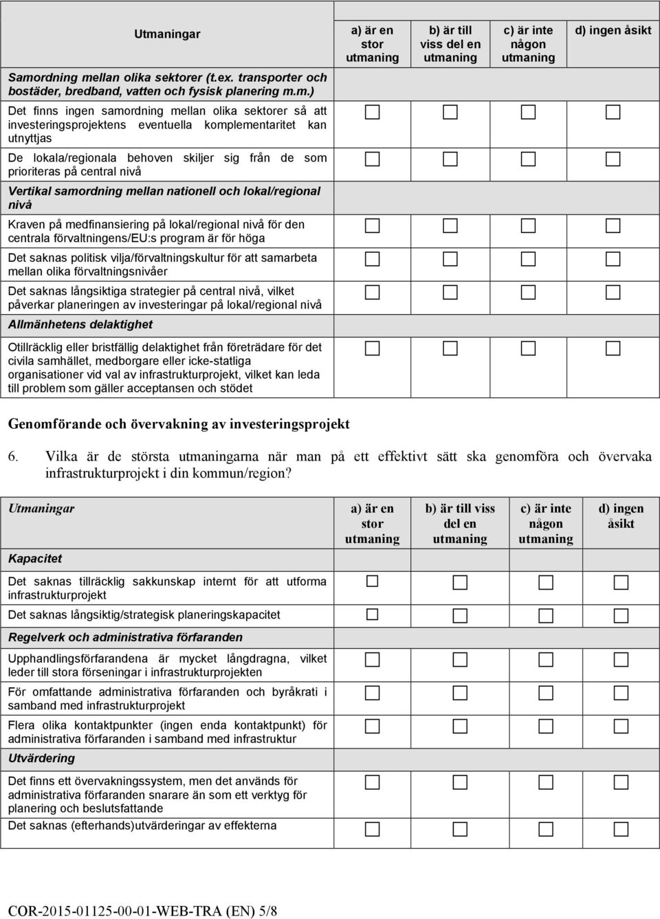 samordning mellan nationell och lokal/regional nivå Kraven på medfinansiering på lokal/regional nivå för den centrala förvaltningens/eu:s program är för höga Det saknas politisk