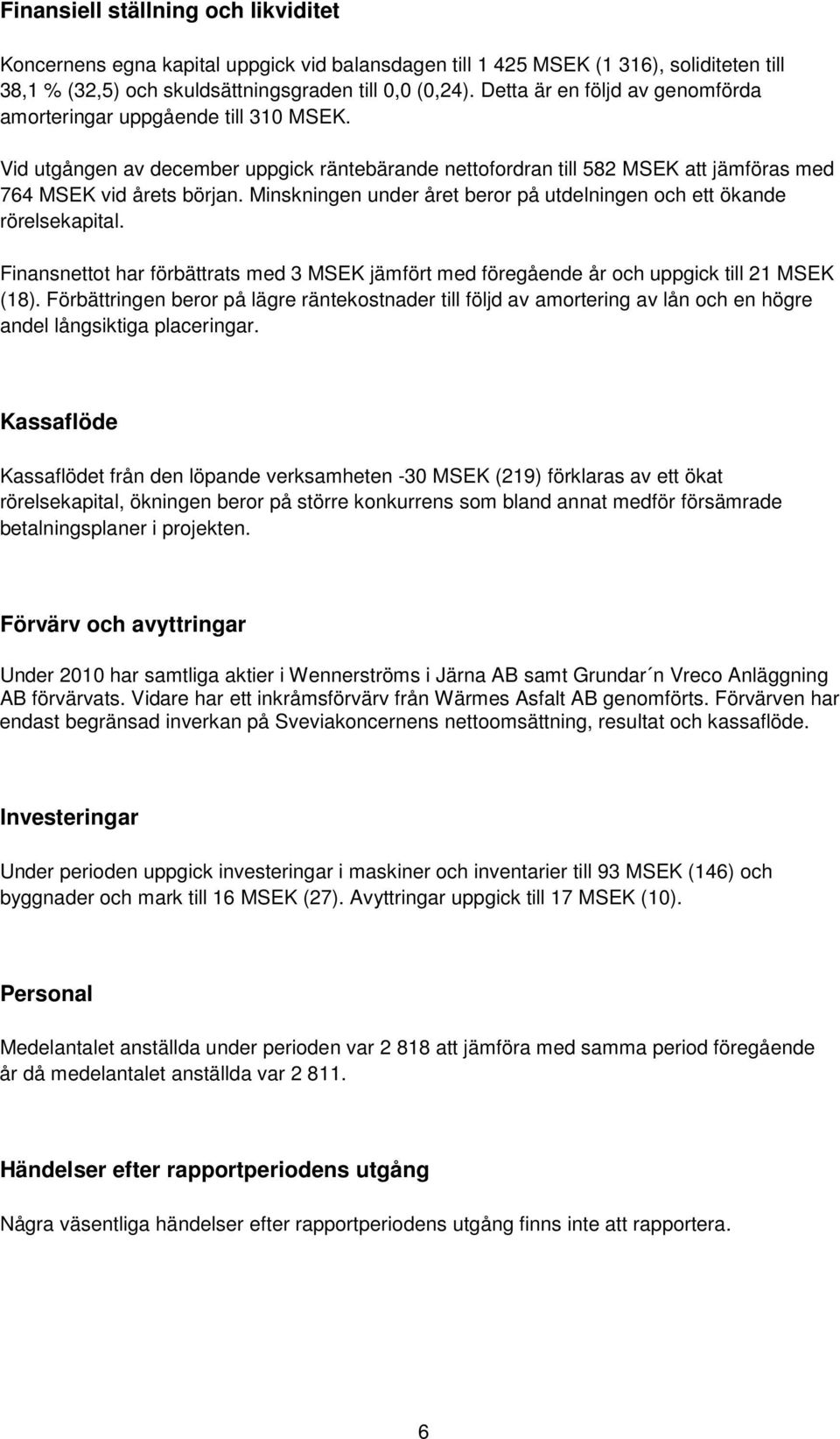 Minskningen under året beror på utdelningen och ett ökande rörelsekapital. Finansnettot har förbättrats med 3 MSEK jämfört med föregående år och uppgick till 21 MSEK (18).