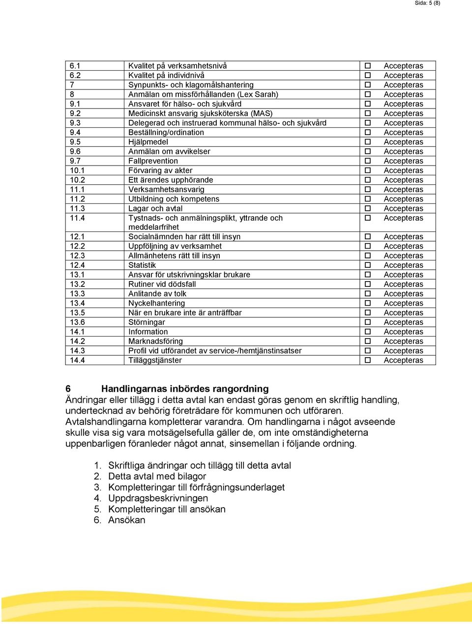 4 Beställning/ordination Accepteras 9.5 Hjälpmedel Accepteras 9.6 Anmälan om avvikelser Accepteras 9.7 Fallprevention Accepteras 10.1 Förvaring av akter Accepteras 10.