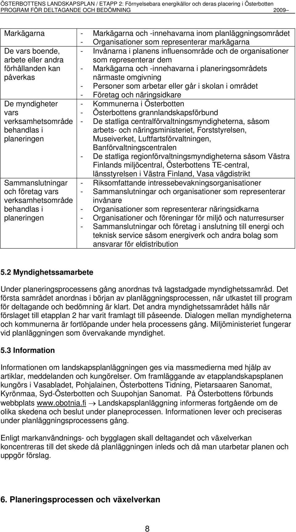 vars verksamhetsområde behandlas i planeringen Sammanslutningar och företag vars verksamhetsområde behandlas i planeringen - Företag och näringsidkare - Kommunerna i Österbotten - Österbottens