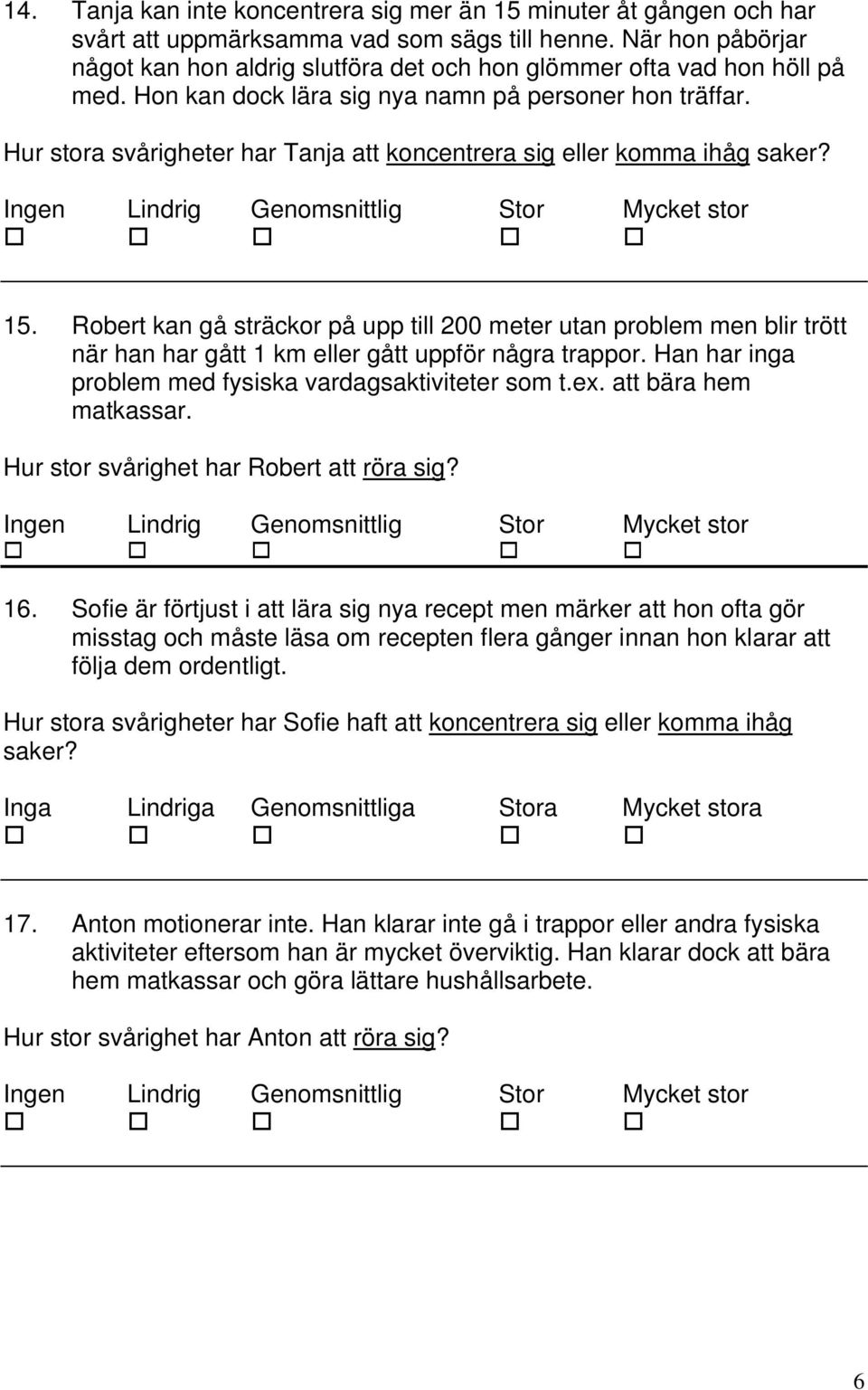 Hur stora svårigheter har Tanja att koncentrera sig eller komma ihåg saker? 15.