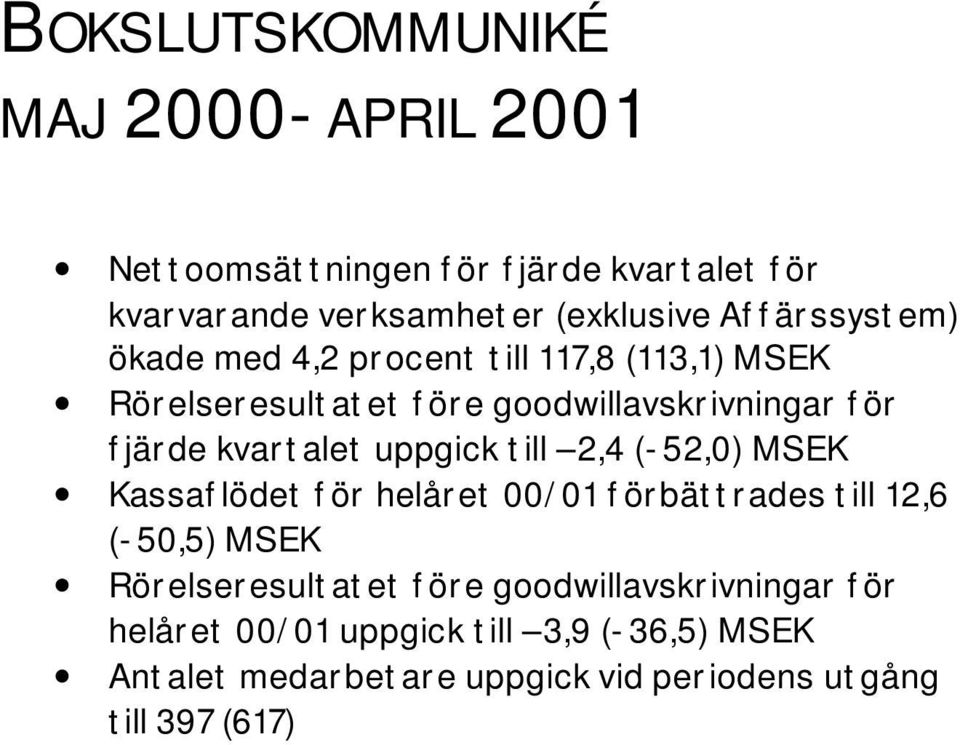 kvartalet uppgick till 2,4 (-52,0) MSEK Kassaflödet för helåret förbättrades till 12,6 (-50,5) MSEK Rörelseresultatet