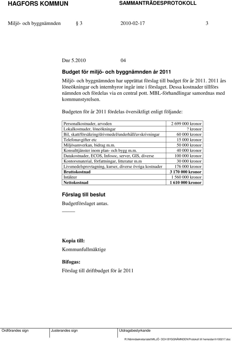 Budgeten för år 2011 fördelas översiktligt enligt följande: Personalkostnader, arvoden Lokalkostnader, löneökningar Bil, skatt/försäkring/drivmedel/underhåll/avskrivningar Telefonavgifter etc