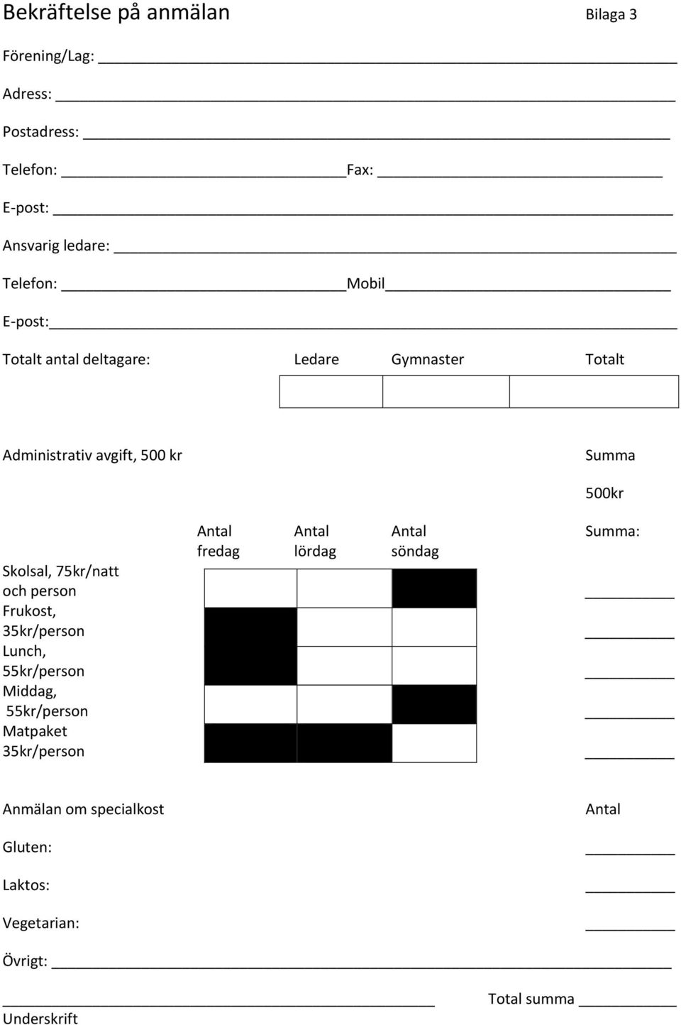 75kr/natt och person Frukost, 35kr/person Lunch, 55kr/person Middag, 55kr/person Matpaket 35kr/person Antal Antal