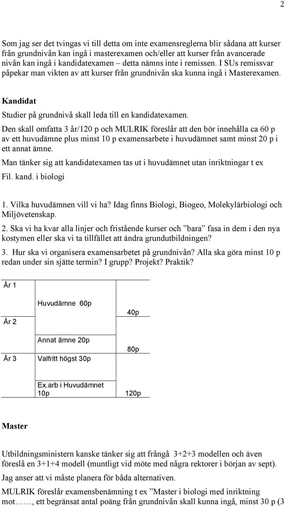 Den skall omfatta 3 år/120 p och MULRIK föreslår att den bör innehålla ca 60 p av ett huvudämne plus minst 10 p examensarbete i huvudämnet samt minst 20 p i ett annat ämne.