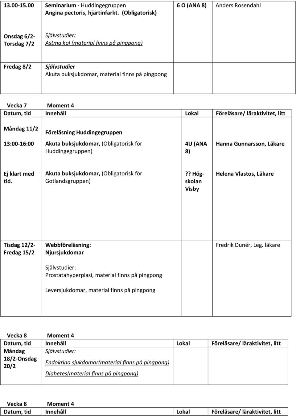 Huddingegruppen 13:00-16:00 Akuta buksjukdomar, (Obligatorisk för Huddingegruppen) 4U (ANA 8) Hanna Gunnarsson, Läkare Ej klart med tid. Akuta buksjukdomar, (Obligatorisk för Gotlandsgruppen)?