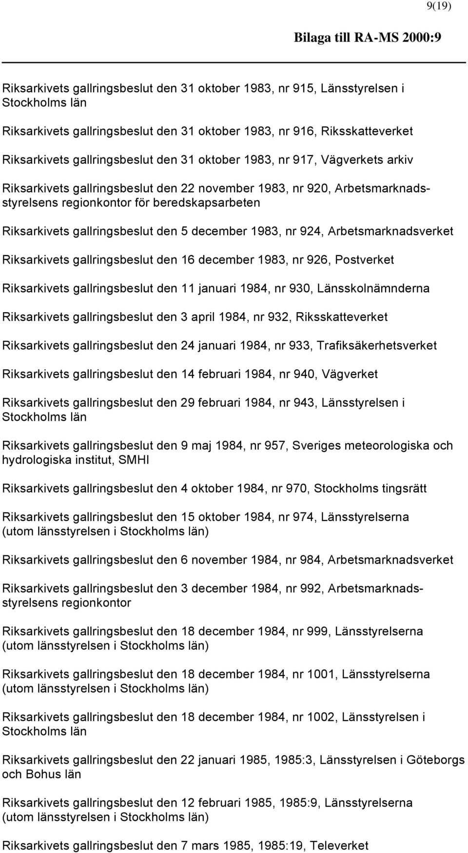 gallringsbeslut den 5 december 1983, nr 924, Arbetsmarknadsverket Riksarkivets gallringsbeslut den 16 december 1983, nr 926, Postverket Riksarkivets gallringsbeslut den 11 januari 1984, nr 930,