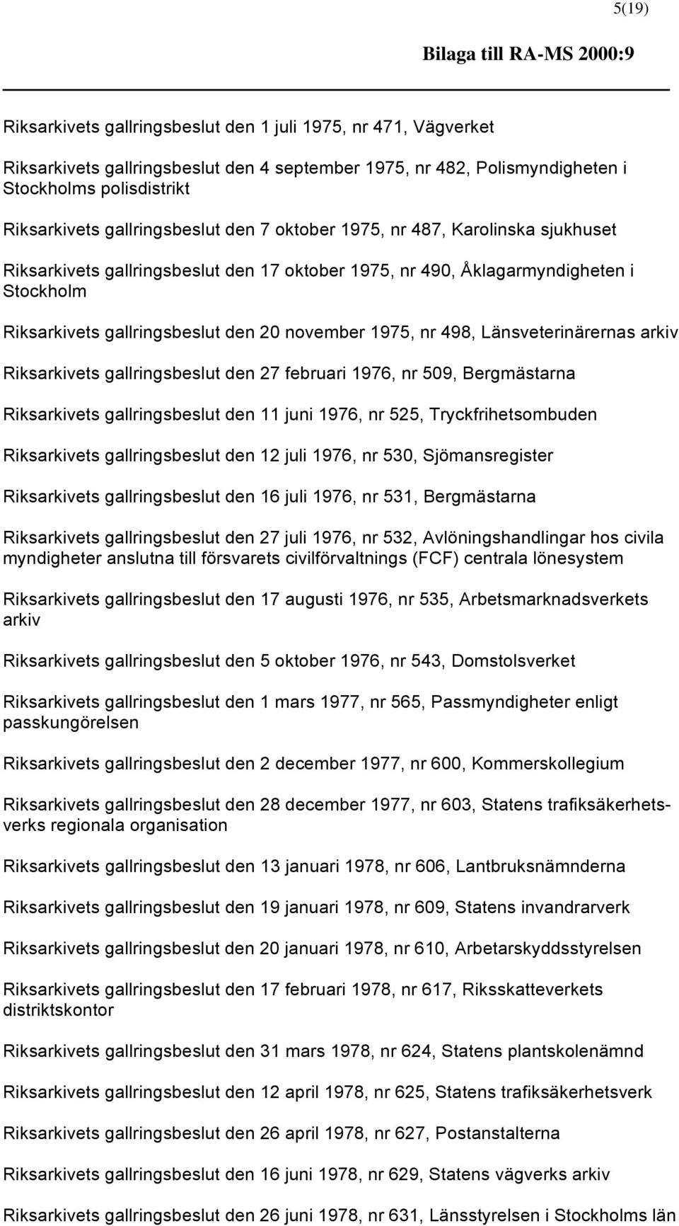20 november 1975, nr 498, Länsveterinärernas arkiv Riksarkivets gallringsbeslut den 27 februari 1976, nr 509, Bergmästarna Riksarkivets gallringsbeslut den 11 juni 1976, nr 525, Tryckfrihetsombuden