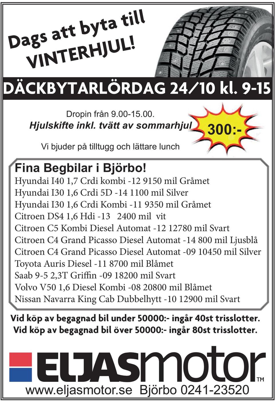 Automat -12 12780 mil Svart Citroen C4 Grand Picasso Diesel Automat -14 800 mil Ljusblå Citroen C4 Grand Picasso Diesel Automat -09 10450 mil Silver Toyota Auris Diesel -11 8700 mil Blåmet Saab 9-5