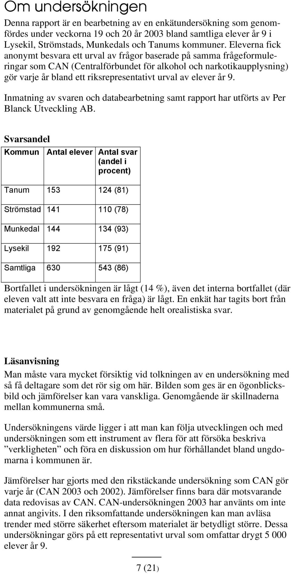 av elever år 9. Inmatning av svaren och databearbetning samt rapport har utförts av Per Blanck Utveckling AB.